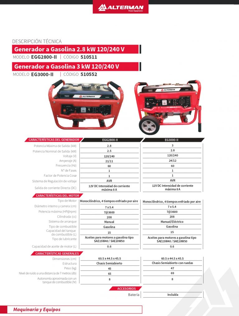 Generador Alterman A Gasolina 4T 2 8 Kw Encendido Manual 120 240 V