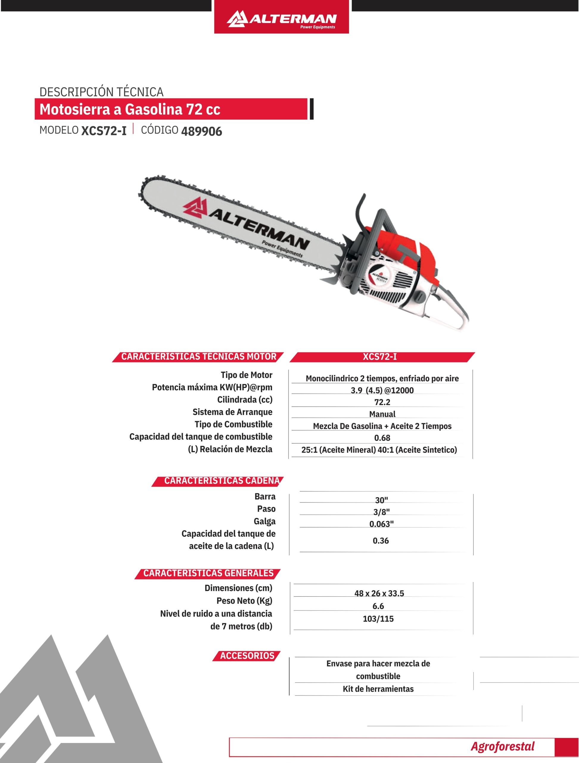 Motosierra Alterman Gasolina 2T, 72Cc, Espada 30″ (76Cm), Xcs72-I. – Savake